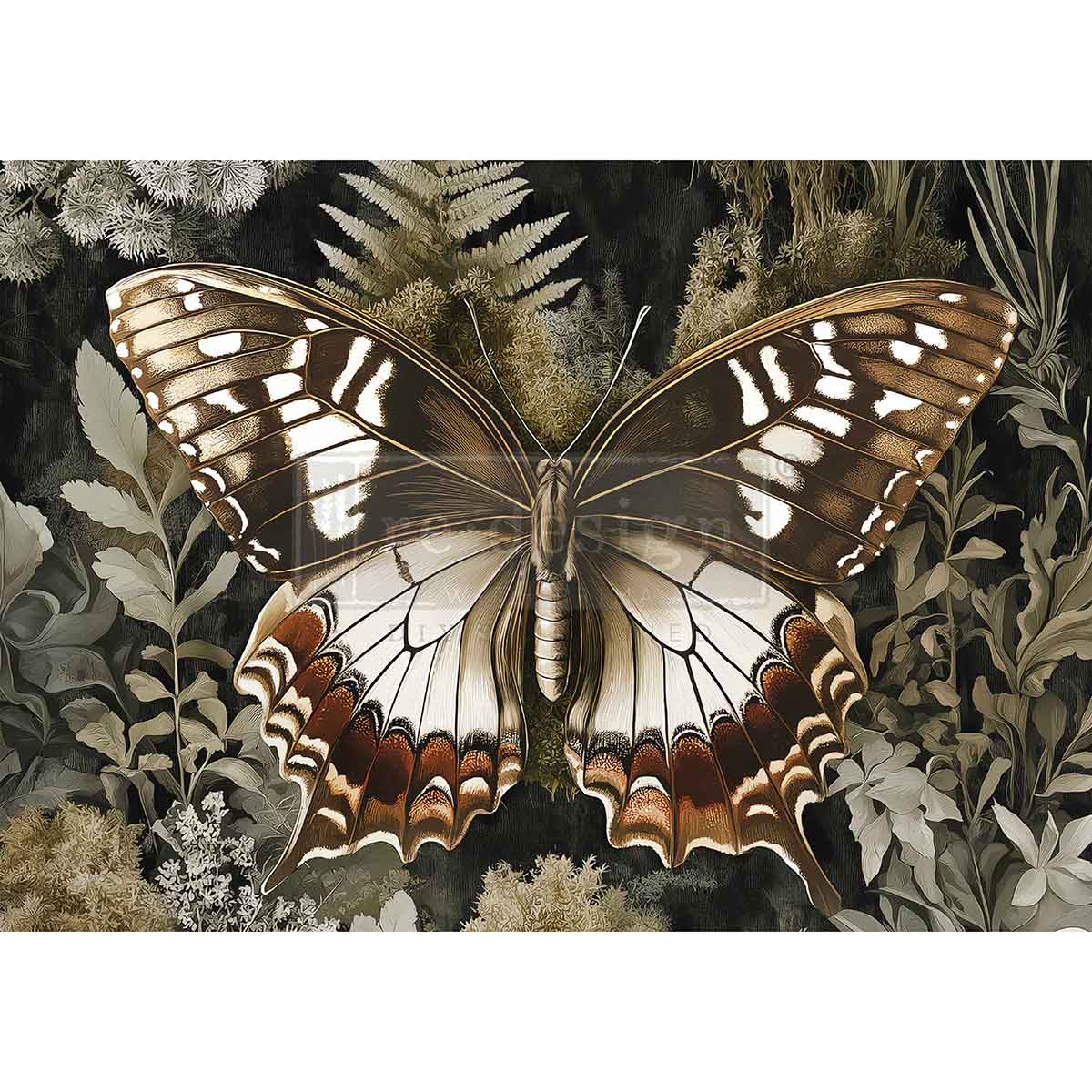 Butterfly with detailed wings on a nature-themed background. Rustling Wings A3 Fiber Decoupage Paper