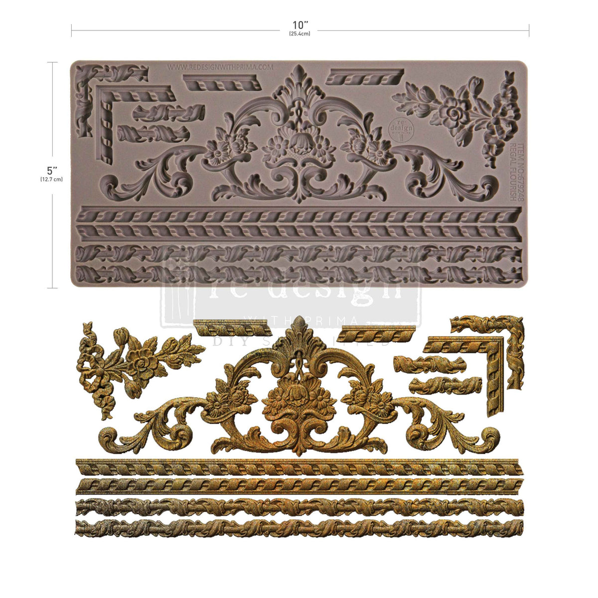 Decorative molding sample with gold and bronze finish, showing dimensions on a white background. Regal Flourish Mould by Redesign with Prima