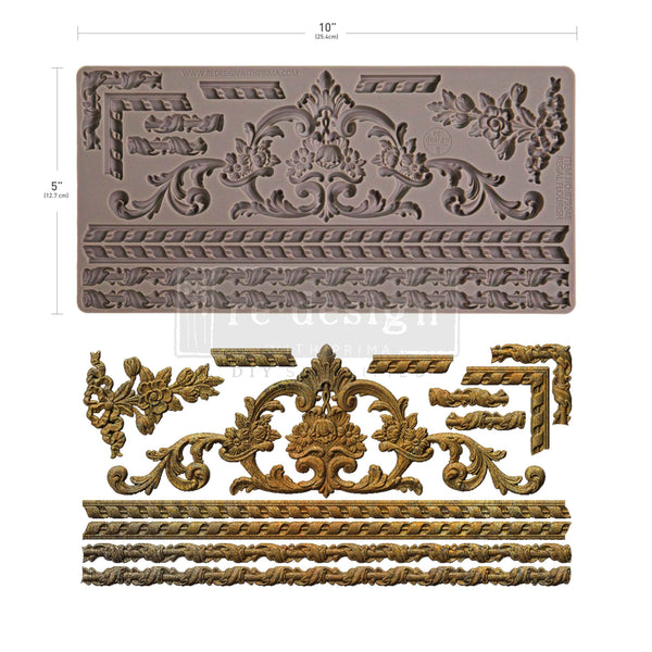 Decorative molding sample with gold and bronze finish, showing dimensions on a white background. Regal Flourish Mould by Redesign with Prima