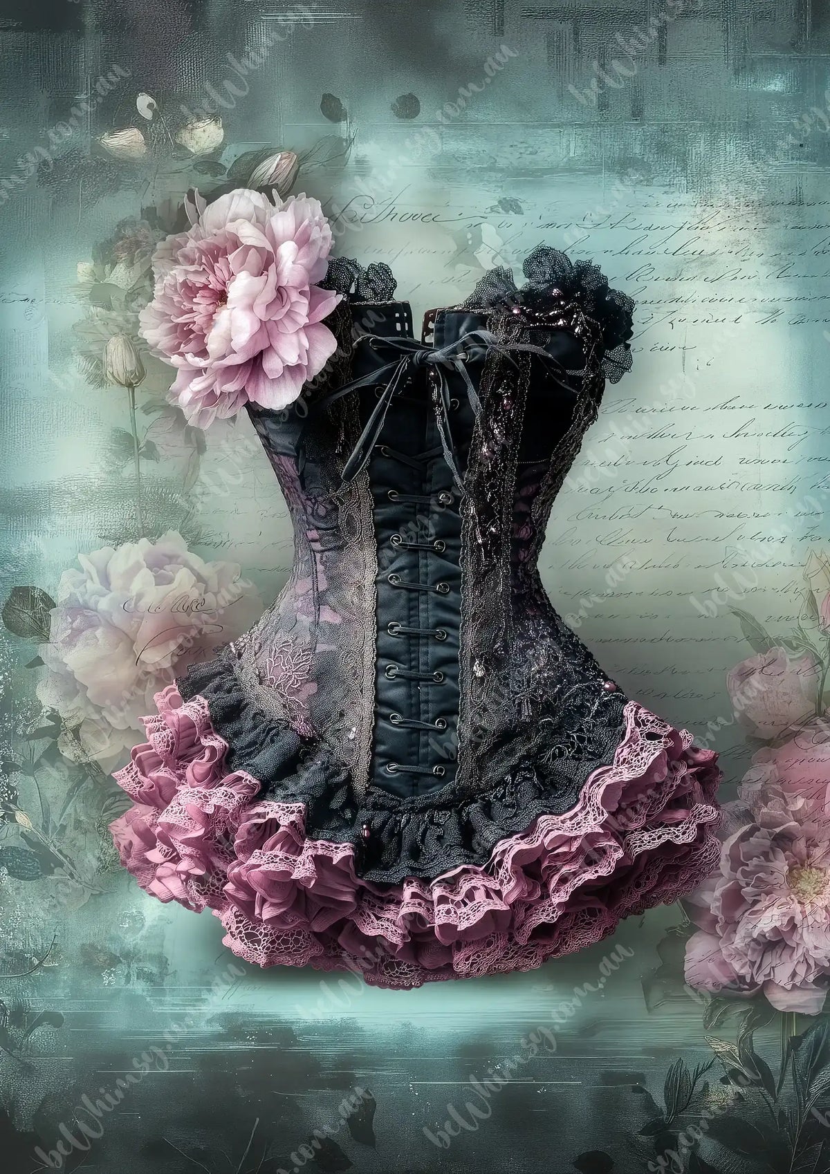 Ribbon Mulberry Decoupage Paper. Decorative corset with floral elements on a textured background. 