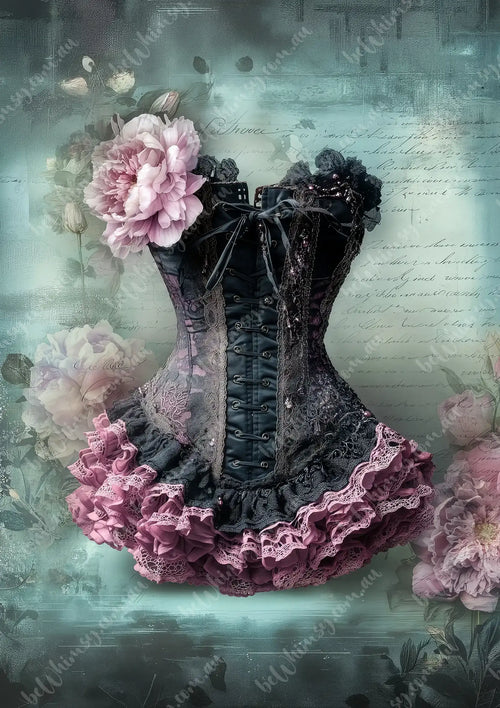 Ribbon Mulberry Decoupage Paper. Decorative corset with floral elements on a textured background. 