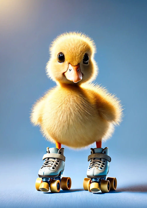 A fluffy yellow baby duckling standing on roller skates against a soft blue gradient background. Roller Duck Mulberry Decoupage Paper