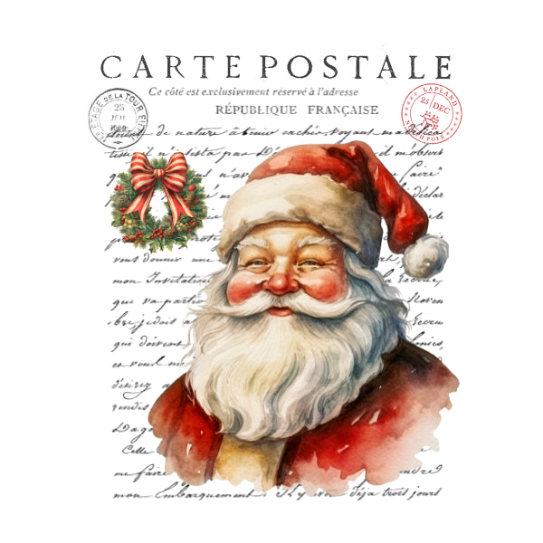A vintage-style French postcard illustration featuring a watercolor portrait of Santa Claus with a red hat, white beard, and red coat, overlaid on cursive handwriting. The top reads 'CARTE POSTALE' with a red circular postmark and a green wreath with a red bow on the left.
