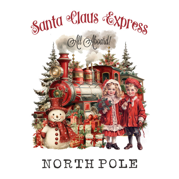 Vintage-style Christmas graphic with the words 'Santa Claus Express' at the top and 'NORTH POLE' at the bottom. The center shows a red and cream steam train surrounded by evergreen trees, a snowman, wrapped gifts, and two children in holiday clothing.