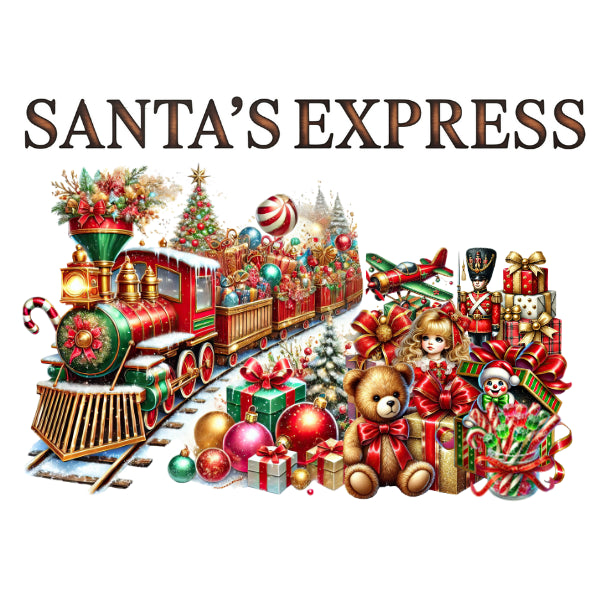 A festive Christmas illustration with the text 'SANTA'S EXPRESS' above a decorated train carrying ornaments and gifts, surrounded by wrapped presents, a teddy bear, candy canes, and holiday decorations on a white background.