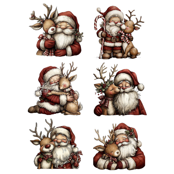 Six illustrated holiday designs showing Santa Claus hugging reindeer, arranged in a 3-by-2 grid on a plain white background.
