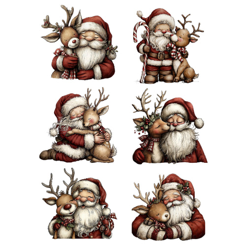 Six illustrated holiday designs showing Santa Claus hugging reindeer, arranged in a 3-by-2 grid on a plain white background.