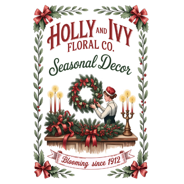 Vintage-style holiday poster reading 'HOLLY AND IVY FLORAL CO. Seasonal Decor' with a wreath, candles, table decor, and the phrase 'Blooming since 1912' framed by holly leaves and red bows.