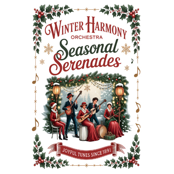A vintage-style illustrated poster or album cover reading 'Winter Harmony Orchestra Seasonal Serenades' with holiday greenery, lanterns, four musicians playing instruments, and the text 'Joyful Tunes Since 1991' on a white background.