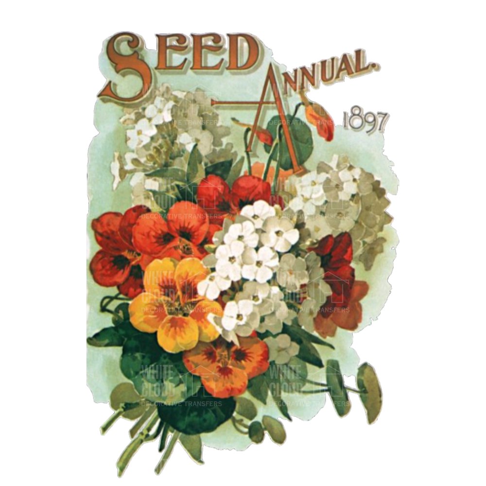 Vintage seed annual cover with flowers and tools, featuring the year 1897.