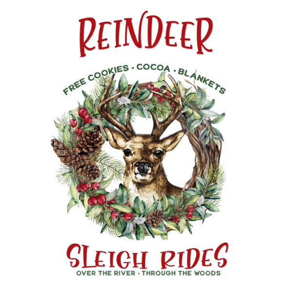 A festive graphic with a deer head framed by a Christmas wreath of green leaves, red berries, pinecones, and brown branches on a white background. Large red text at the top reads “REINDEER,” with smaller green text reading “FREE COOKIES • COCOA • BLANKETS.