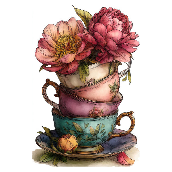 Stack of colorful teacups with flowers on a white background