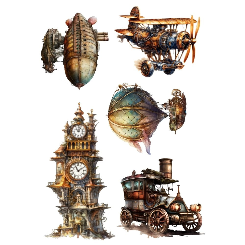 Collection of steampunk-style vehicles including a dirigible, airplane, clock tower, and train on a white background.