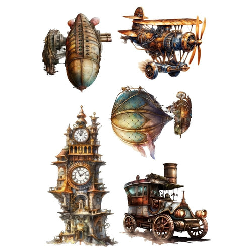 Collection of steampunk-style vehicles including a dirigible, airplane, clock tower, and train on a white background.