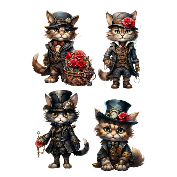 Four illustrated cats in steampunk attire with hats and accessories on a white background