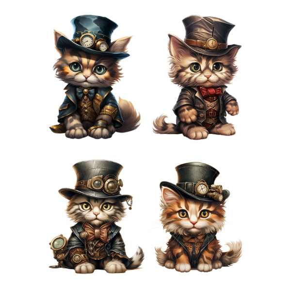 Four steampunk-style cats with top hats and suits on a white background Steam Punk Kittens I White Cloud Transfer
