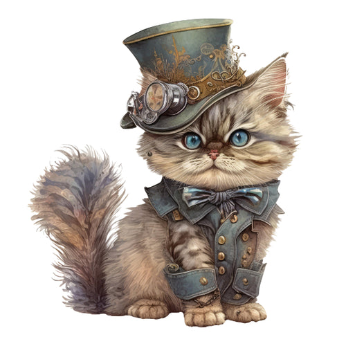 Steampunk-style cat wearing a top hat and suit on a white background