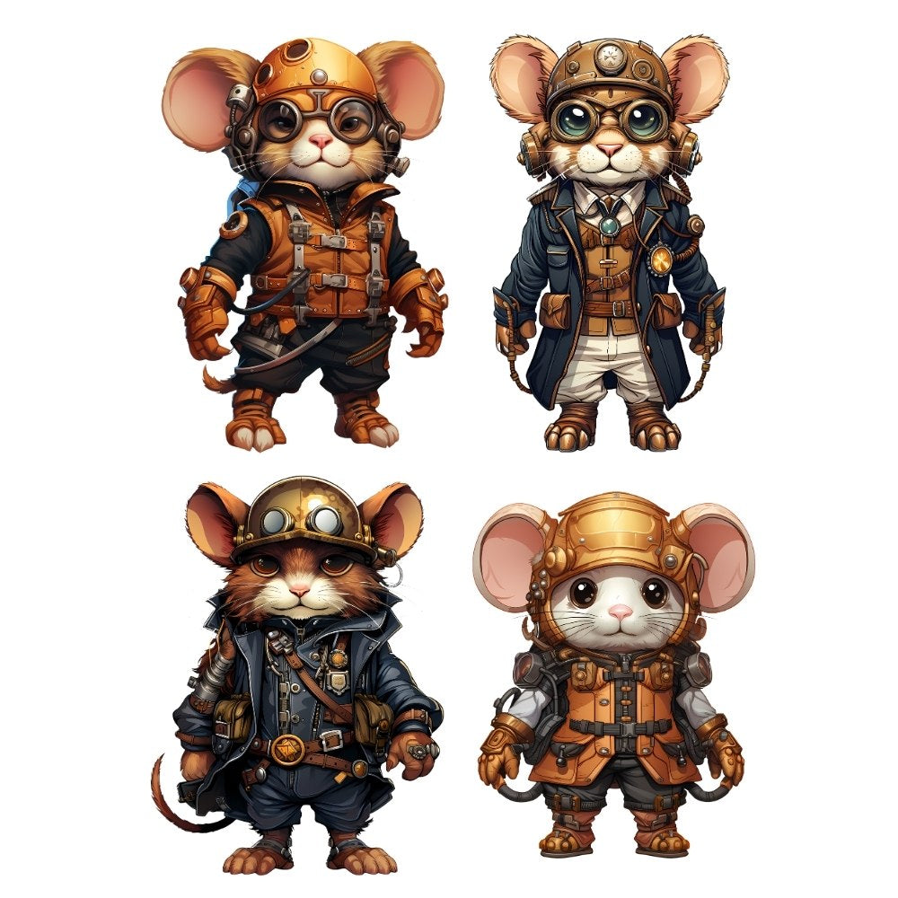 Four illustrated mouse characters in steampunk attire on a white background