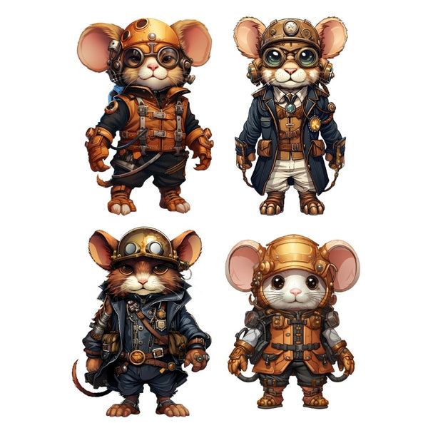 Four illustrated mouse characters in steampunk attire on a white background