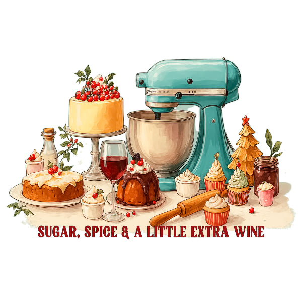 A stylized illustration of a teal stand mixer surrounded by cakes, cupcakes, a glass of red wine, a rolling pin, and holiday decorations, with the text 'SUGAR, SPICE & A LITTLE EXTRA WINE' below on a white background.