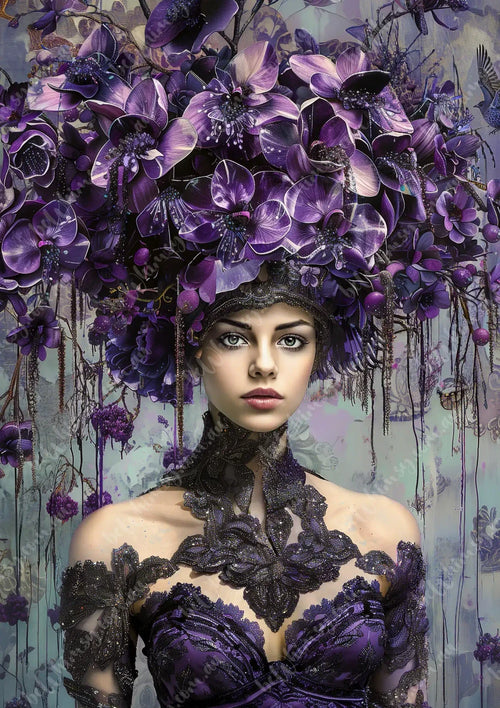 Woman wearing a elaborate purple floral headdress and matching dress against a textured background. Sienna the orchid muse Mulberry Decoupage Paper