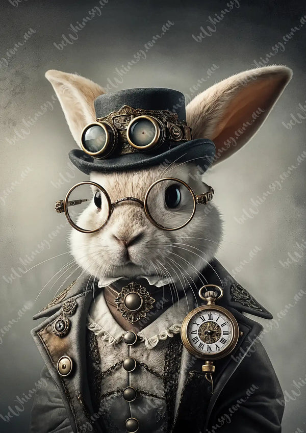 Steampunk-themed rabbit with goggles and a clock, featuring a watermark. Sir Hopsworth Mulberry Decoupage Paper