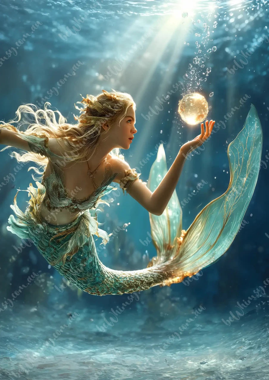 Mermaid underwater holding a glowing sphere with sunlight filtering through the water. Siren Mermaid Mulberry Decoupage Paper