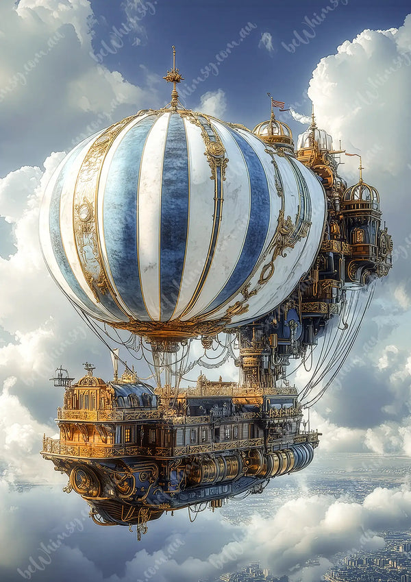 Fantasy steampunk airship with striped design in the sky Sky Drifter Mulberry Decoupage Paper