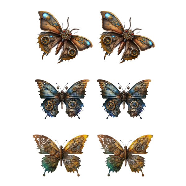 Set of six steampunk-style butterflies on a white background
