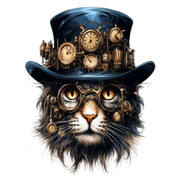 Cat wearing a steampunk hat with clocks and goggles on a white background