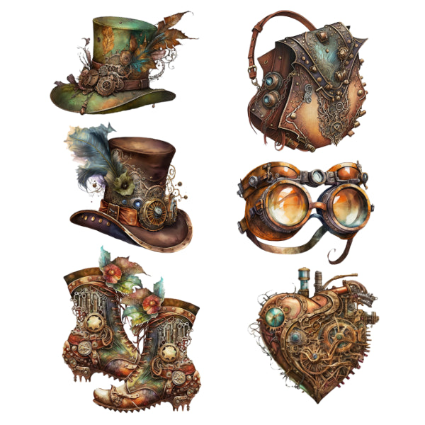 Collection of steampunk-themed accessories including hats, goggles, and boots on a white background.