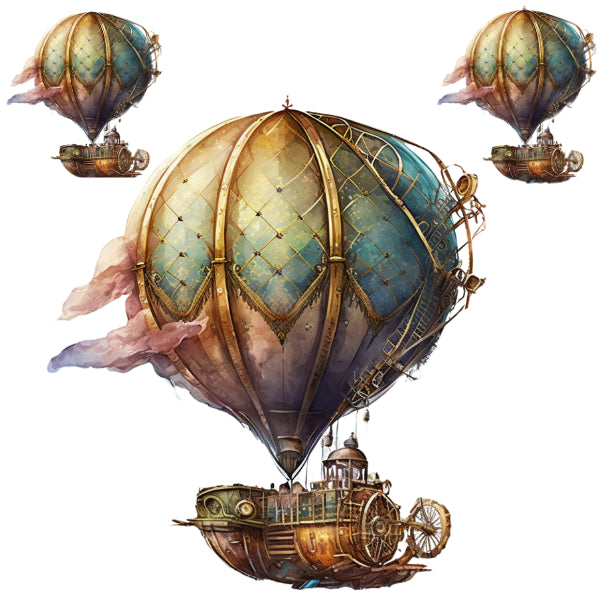 Steampunk-style hot air balloon with intricate design on a white background