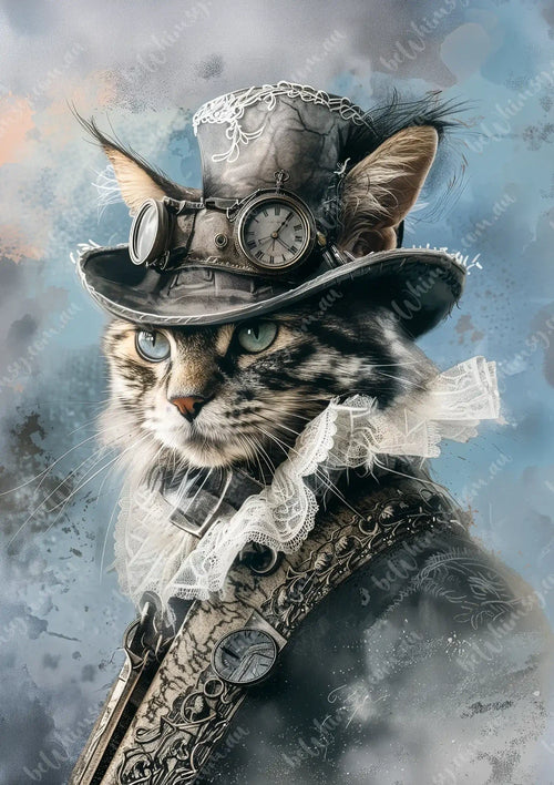Cat wearing a steampunk outfit with a top hat and goggles against a blue background. Steampunk Cat the Archive Keeper Mulberry Decoupage Paper