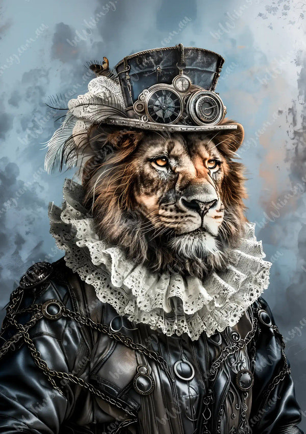 Lion wearing a steampunk-style outfit with a top hat and chains against a textured background