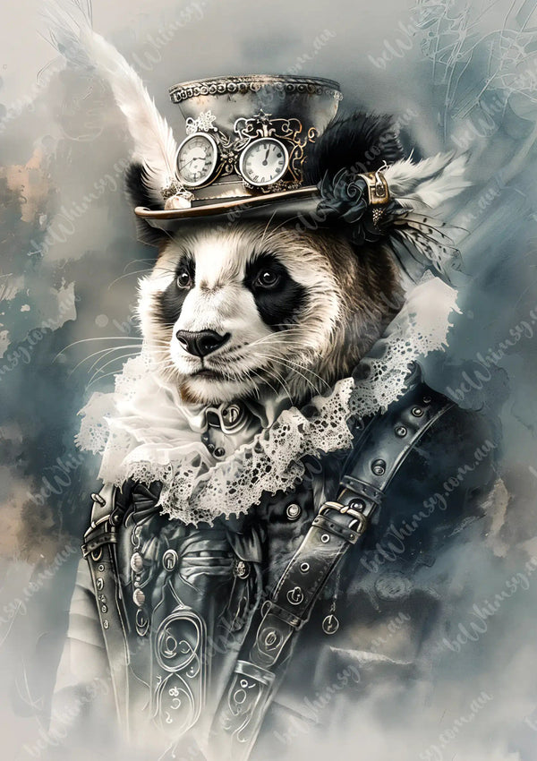 Panda bear in steampunk attire with top hat and goggles on a gray background