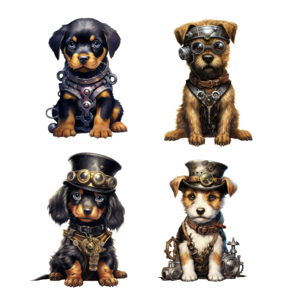 Four dogs in steampunk-themed outfits on a white background