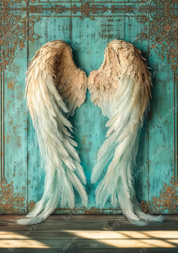 Feathered angel wings against a textured blue wall with gold accents. Sunday Mulberry Decoupage Paper
