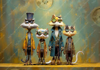 Four animated cat characters in vintage outfits and goggles against a stylized moon and starry sky . 
Suspicious Motives | Dandy Cat Portraits Decoupage Paperbackground.