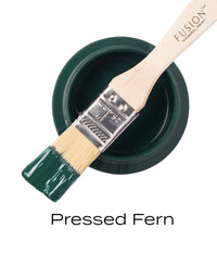 Fusion paint brush with green paint and container on a white background