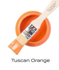 Tuscan Orange paint with a brush and 'Fusion Mineral Paint' branding on a white background