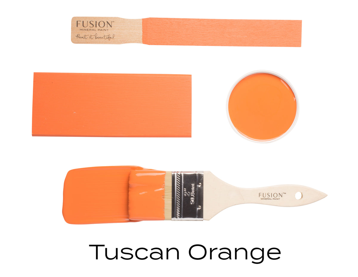 Fusion paint brush and color samples in Tuscan Orange on a white background