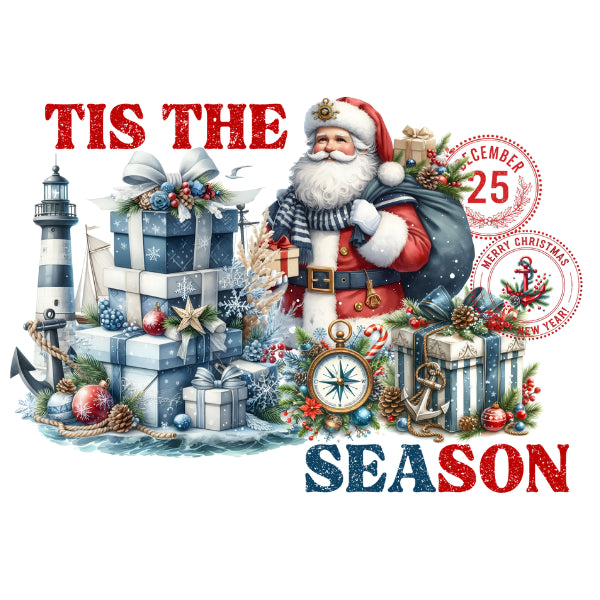 A festive Christmas graphic with the words “TIS THE SEASON” in red and blue lettering, featuring Santa Claus carrying a sack of gifts beside stacked presents, a lighthouse, anchors, pinecones, ornaments, and holiday stamps reading “December 25” and “Merry Christmas.”.