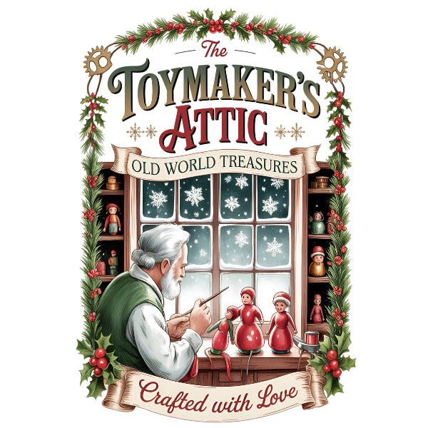 A vintage-style illustrated sign or label for 'The Toymaker's Attic' featuring an elderly man working on toy figures by a window with snowflake-patterned panes. The sign is decorated with green pine garlands, red berries, gears, and banners reading 'Old World Treasures' and 'Crafted with Love'.