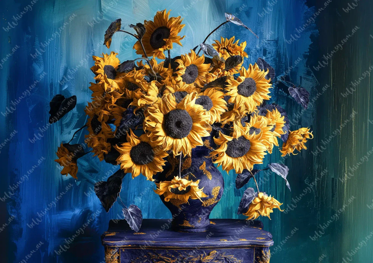 A still life artwork of a bouquet of yellow sunflowers with dark centers in a blue vase, set against a textured blue background. The composition is rich in color contrast, with prominent yellow petals and deep blue and black tones. The Indigo Table II Mulberry Decoupage Paper