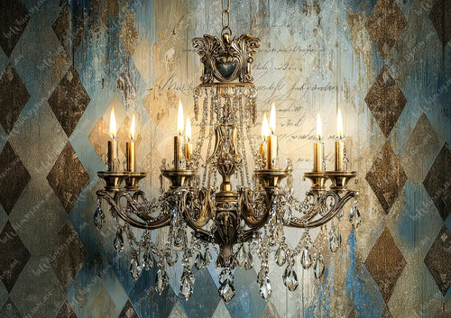 Decorative chandelier hanging against a patterned wall. The Study Mulberry Decoupage Paper