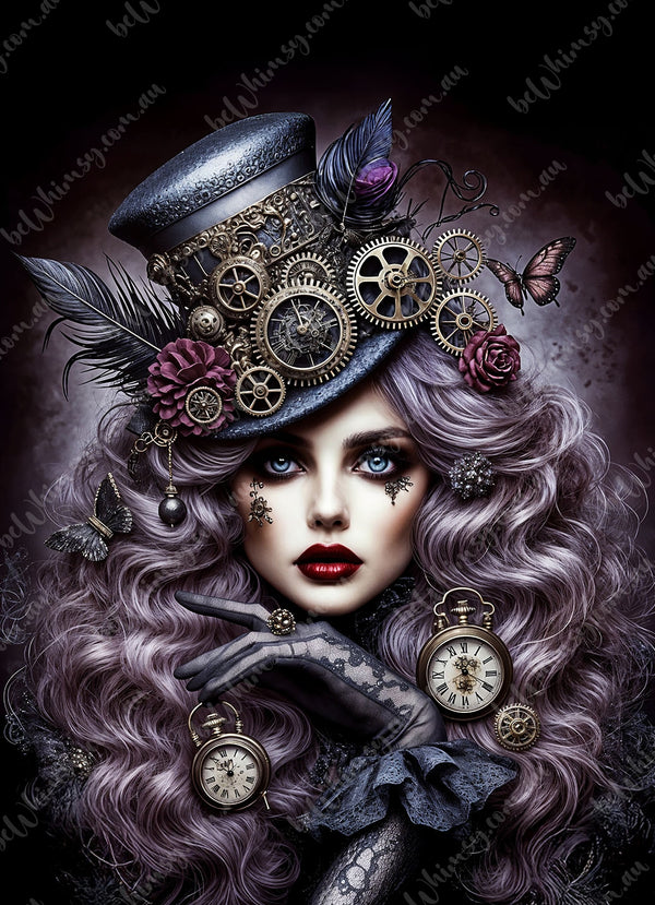 Steampunk-themed artwork with intricate clockwork design and floral elements on a dark background. Timekeepers Secret Mulberry Decoupage Paper