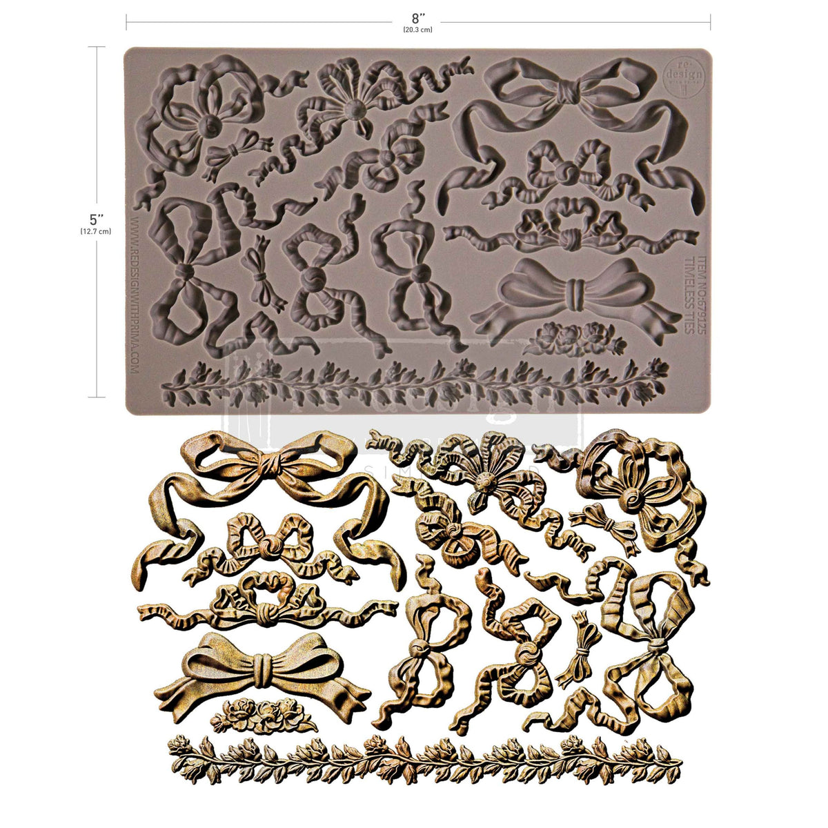 Decorative silicone mold with floral and bow designs on a white Timeless Ties Mould by Redesign with Prima background