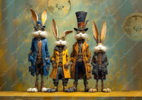 Four animated rabbits in vintage clothing standing on a wooden surface with a decorative background. Uncertain Intent Mulberry Decoupage Paper