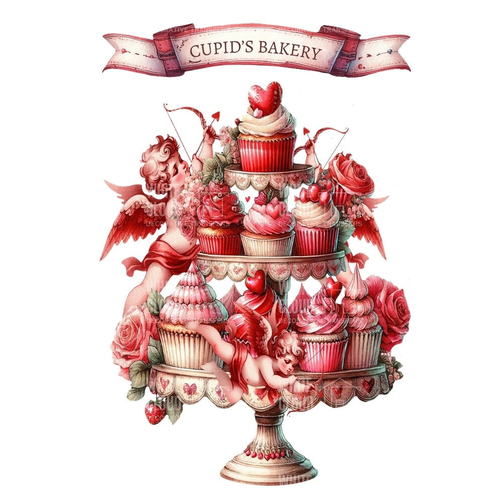 Decorative cupcake tower with Cupid figures and roses from Cupid's Bakery on a white background.