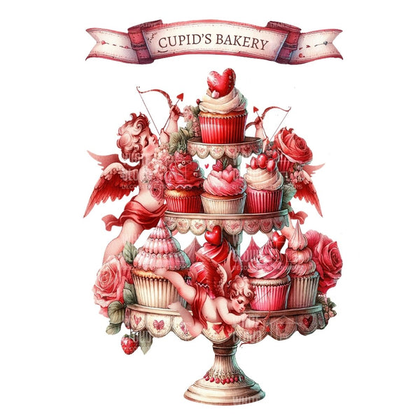 Decorative cupcake tower with Cupid figures and roses from Cupid's Bakery on a white background.